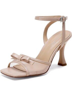 Women's Nude Kitten Heel Sandals Lace Up Bow Mesh Heels Square Toe Sandals